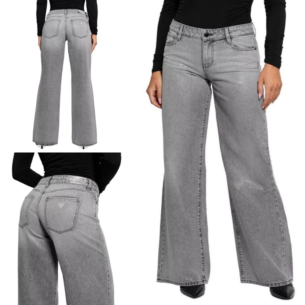Guess Mid-Rise Sexy Palazzo Shimmer Wide Leg Jeans The Silver Lining - Sz 30